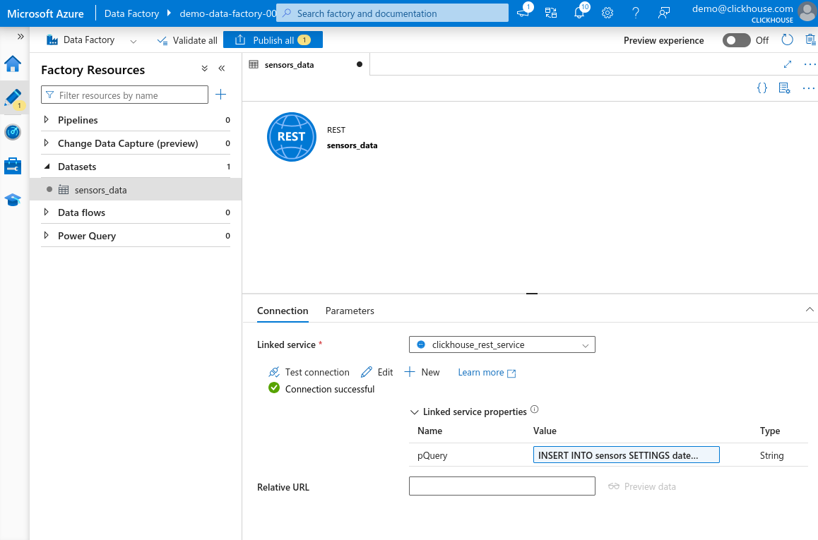 Соедин�ение нового набора данных успешно