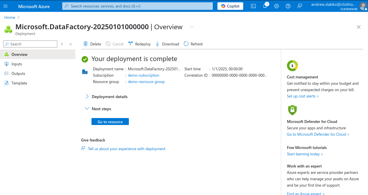 Успех нового экземпляра Data Factory на Портале Azure