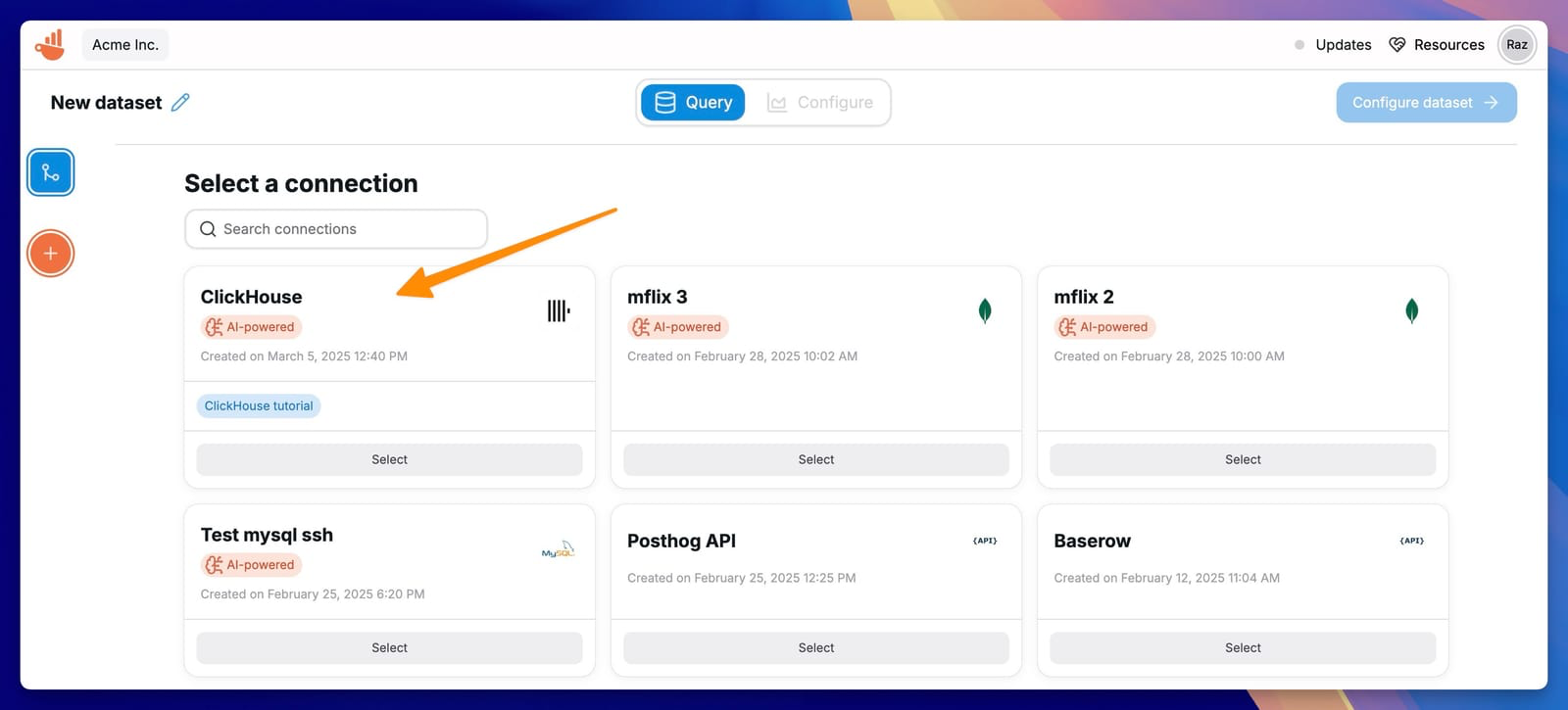 Select ClickHouse connection for dataset